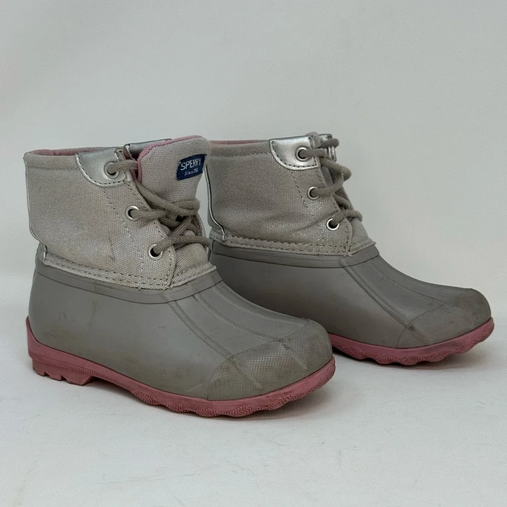 Sperry Port Boot‎ Girls Gray Pink Duck Rain Winter Casual Boots Kids Size 10M